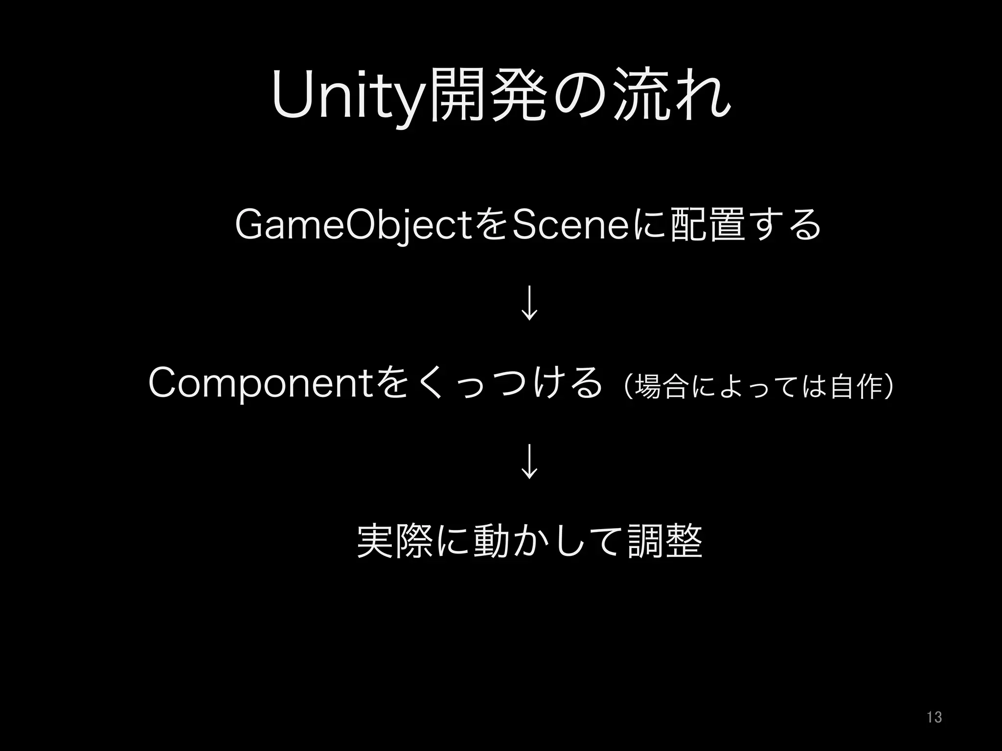 Unity開発の流れ
GameObjectをSceneに配置する
↓
Componentをくっつける（場合によっては自作）
↓
実際に動かして調整
13	
 