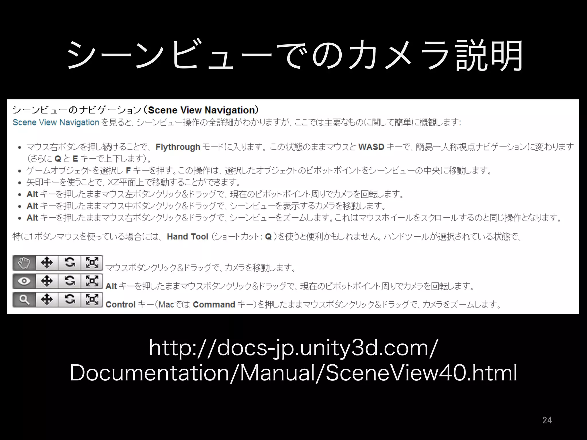 シーンビューでのカメラ説明
http://docs-jp.unity3d.com/
Documentation/Manual/SceneView40.html
24	
 