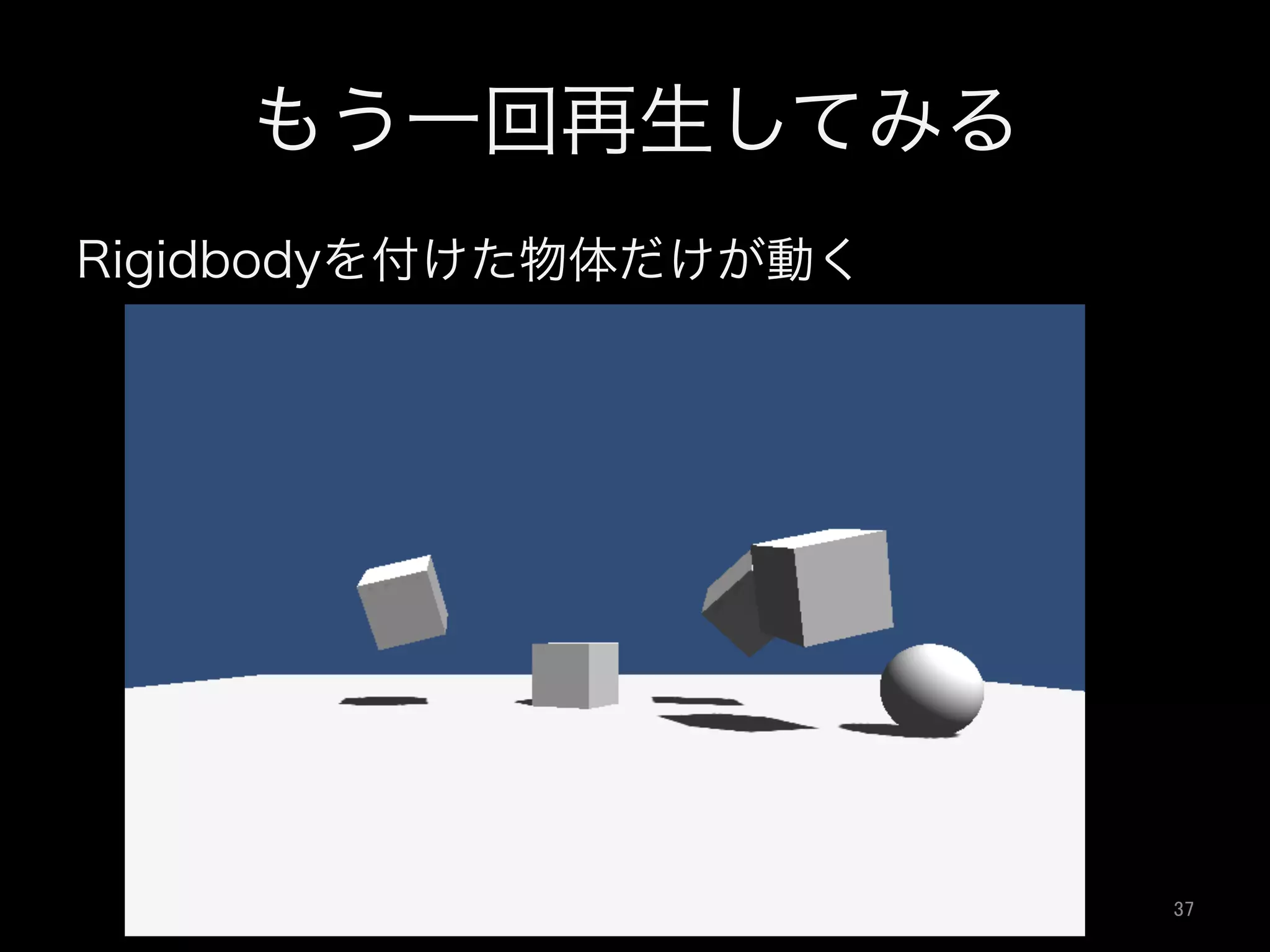もう一回再生してみる
Rigidbodyを付けた物体だけが動く
37	
 