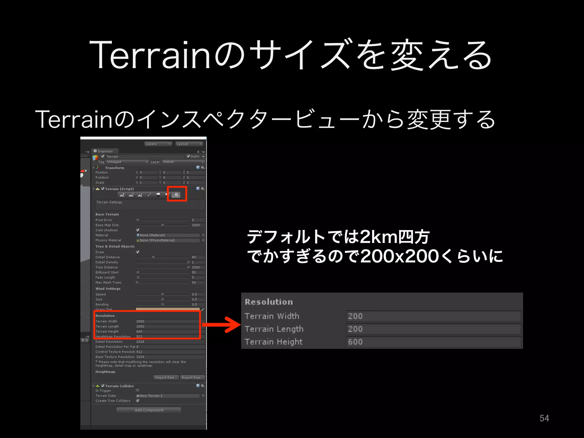 Terrainのサイズを変える
Terrainのインスペクタービューから変更する
デフォルトでは2km四方
でかすぎるので200x200くらいに
54	
 