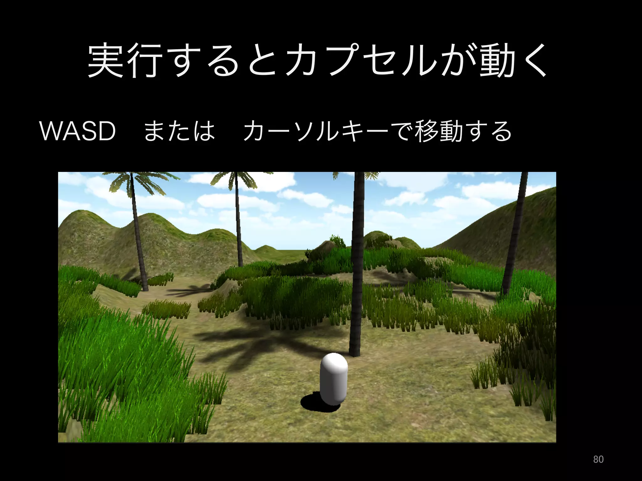実行するとカプセルが動く
WASD または カーソルキーで移動する
80	
 