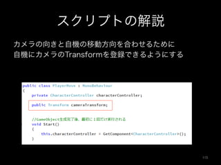 スクリプトの解説
カメラの向きと自機の移動方向を合わせるために
自機にカメラのTransformを登録できるようにする
115	
 