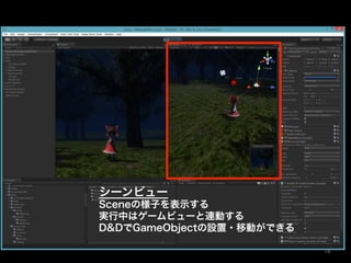 シーンビュー
Sceneの様子を表示する
実行中はゲームビューと連動する
D&DでGameObjectの設置・移動ができる
19	
 