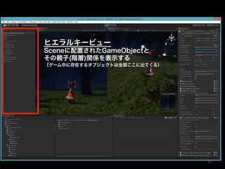 ヒエラルキービュー
Sceneに配置されたGameObjectと
その親子(階層)関係を表示する
（ゲーム中に存在するオブジェクトは全部ここに出てくる）
21	
 