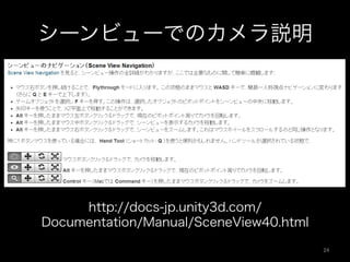 シーンビューでのカメラ説明
http://docs-jp.unity3d.com/
Documentation/Manual/SceneView40.html
24	
 