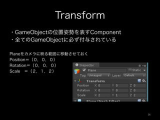 Transform
・GameObjectの位置姿勢を表すComponent
・全てのGameObjectに必ず付与されている
Planeをカメラに映る範囲に移動させておく
Position＝（０，０，０）
Rotation＝（０，０，０）
Scale ＝（２，１，２）
26	
 