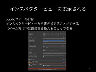 インスペクタービューに表示される
publicフィールドは
インスペクタービューから書き換えることができる
（ゲーム実行中に直接書き換えることもできる）
98	
 