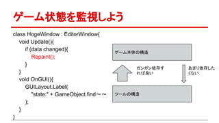 ゲーム状態を監視しよう
class HogeWindow : EditorWindow{
void Update(){
if (data changed){
Repaint();
}
}
void OnGUI(){
GUILayout.Label(
"state:" + GameObject.find～～
);
}
}
ゲーム本体の構造
ツールの構造
ガンガン依存す
れば良い
あまり依存した
くない
 