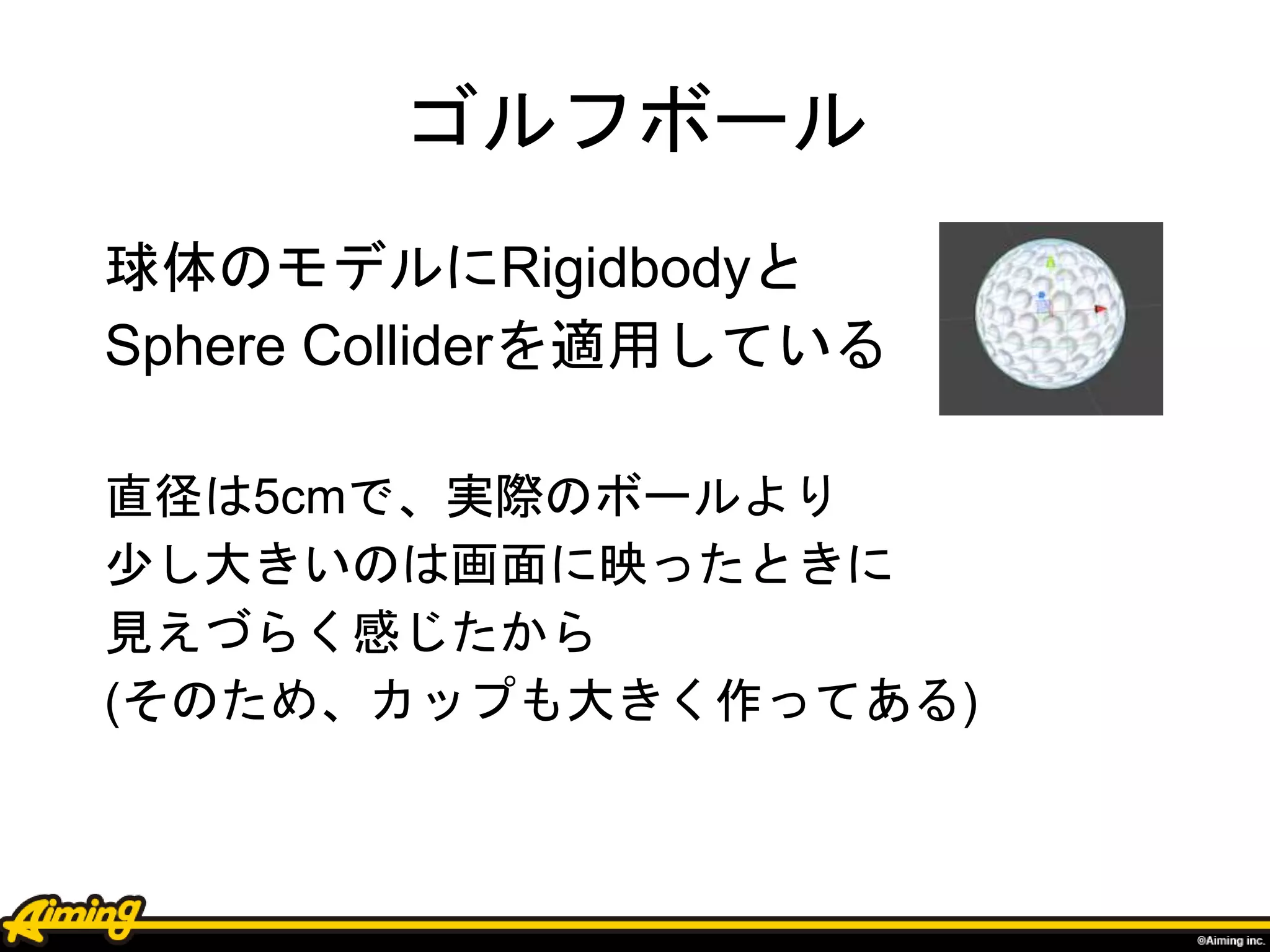 ゴルフボール
球体のモデルにRigidbodyと
Sphere Colliderを適用している
直径は5cmで、実際のボールより
少し大きいのは画面に映ったときに
見えづらく感じたから
(そのため、カップも大きく作ってある)
 
