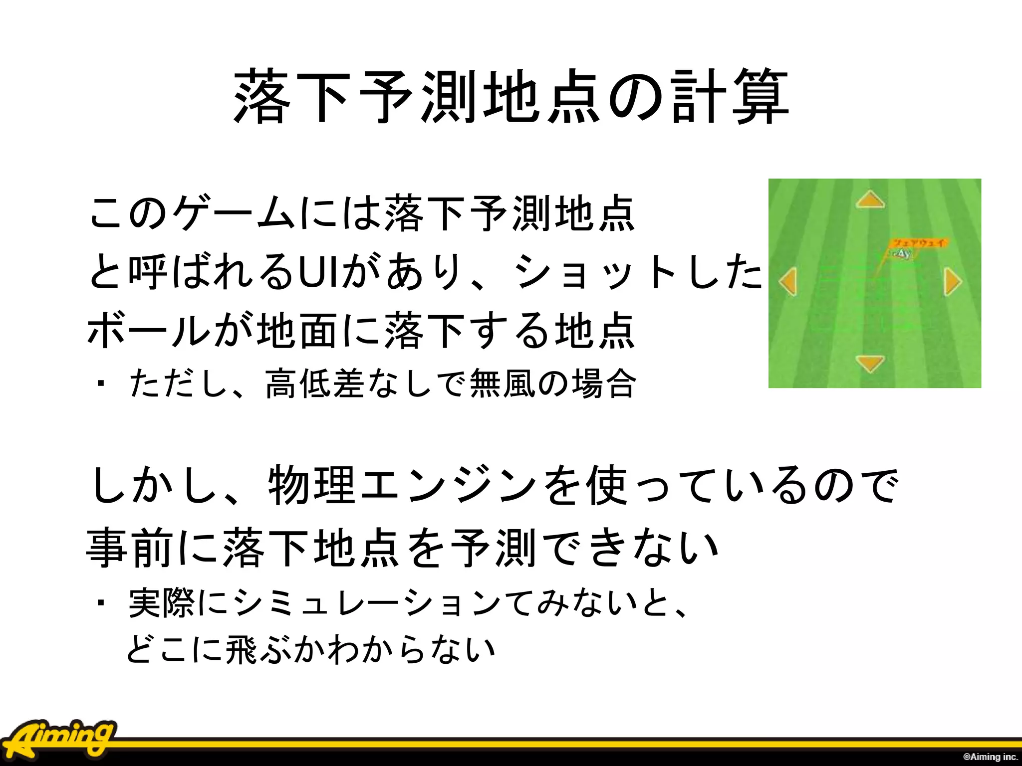 落下予測地点の計算
このゲームには落下予測地点
と呼ばれるUIがあり、ショットした
ボールが地面に落下する地点
・ ただし、高低差なしで無風の場合
しかし、物理エンジンを使っているので
事前に落下地点を予測できない
・ 実際にシミュレーションてみないと、
どこに飛ぶかわからない
 