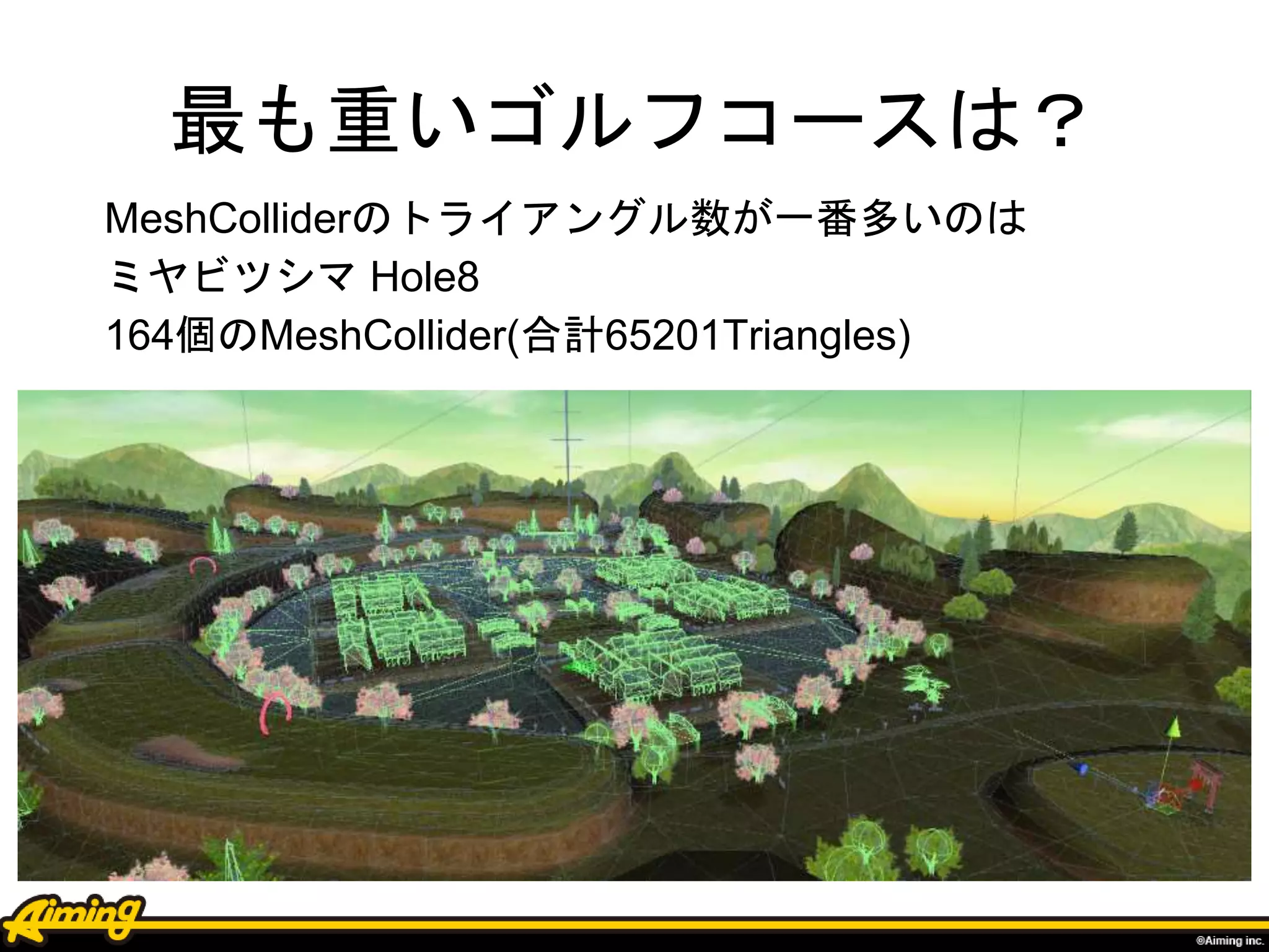 最も重いゴルフコースは？
MeshColliderのトライアングル数が一番多いのは
ミヤビツシマ Hole8
164個のMeshCollider(合計65201Triangles)
 