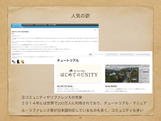 人気の訳
③コミュニティやリファレンスの充実
２０１４年には世界で200万人に利用されており、チュートリアル・マニュア
ル・リファレンス等が日本語対応しているものも多く、コミュニティも多い
12
 