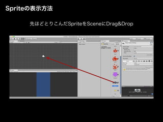 Spriteの表示方法
先ほどとりこんだSpriteをSceneにDrag&Drop
 