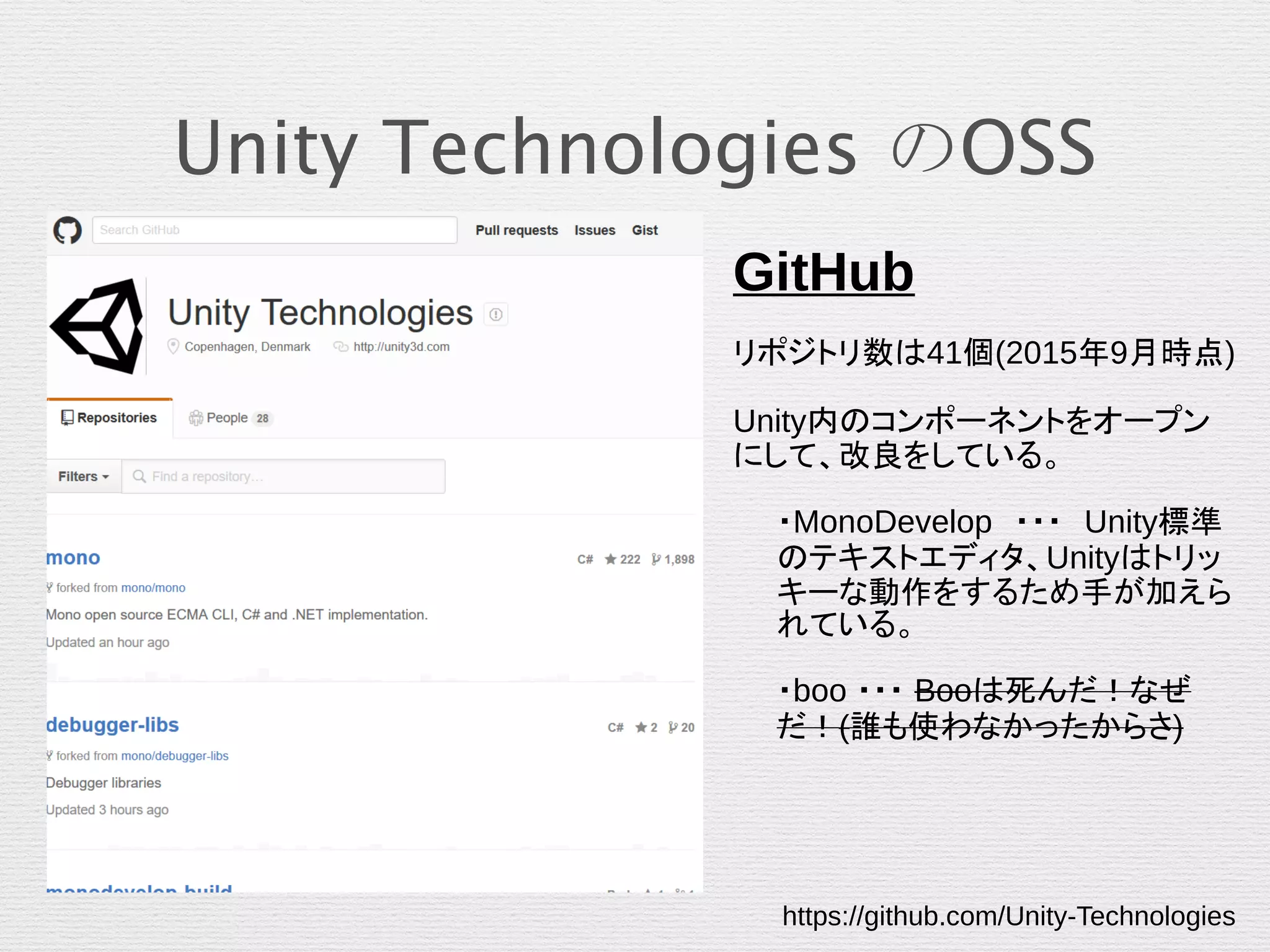 Unity Technologies のOSS
GitHub
リポジトリ数は41個(2015年9月時点)
Unity内のコンポーネントをオープン
にして、改良をしている。
・MonoDevelop　・・・　Unity標準
のテキストエディタ、Unityはトリッ
キーな動作をするため手が加えら
れている。
・boo ・・・ Booは死んだ！なぜ
だ！(誰も使わなかったからさ)
https://github.com/Unity-Technologies
 