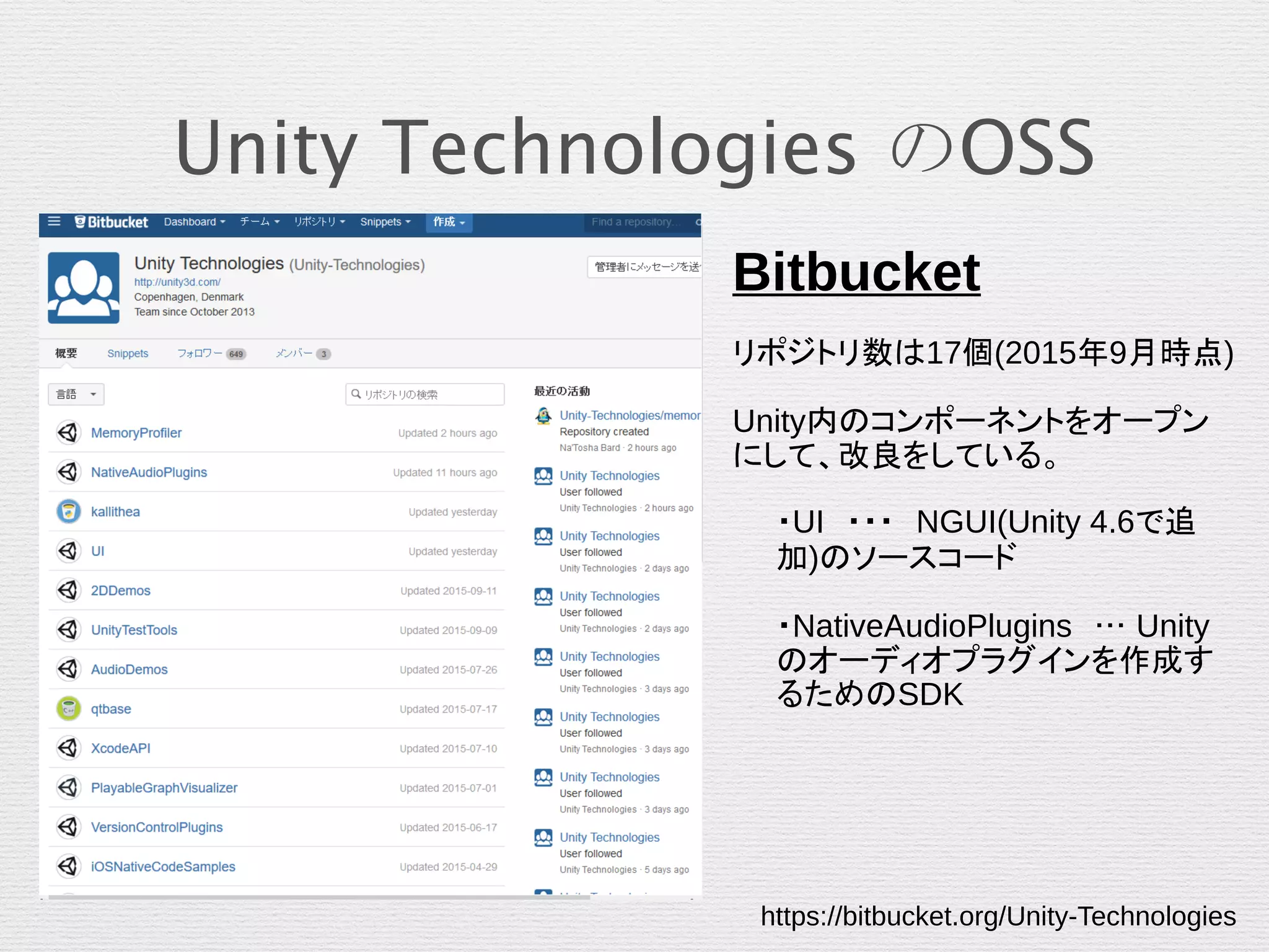 Unity Technologies のOSS
Bitbucket
リポジトリ数は17個(2015年9月時点)
Unity内のコンポーネントをオープン
にして、改良をしている。
・UI　・・・　NGUI(Unity 4.6で追
加)のソースコード
・NativeAudioPlugins　… Unity
のオーディオプラグインを作成す
るためのSDK
https://bitbucket.org/Unity-Technologies
 