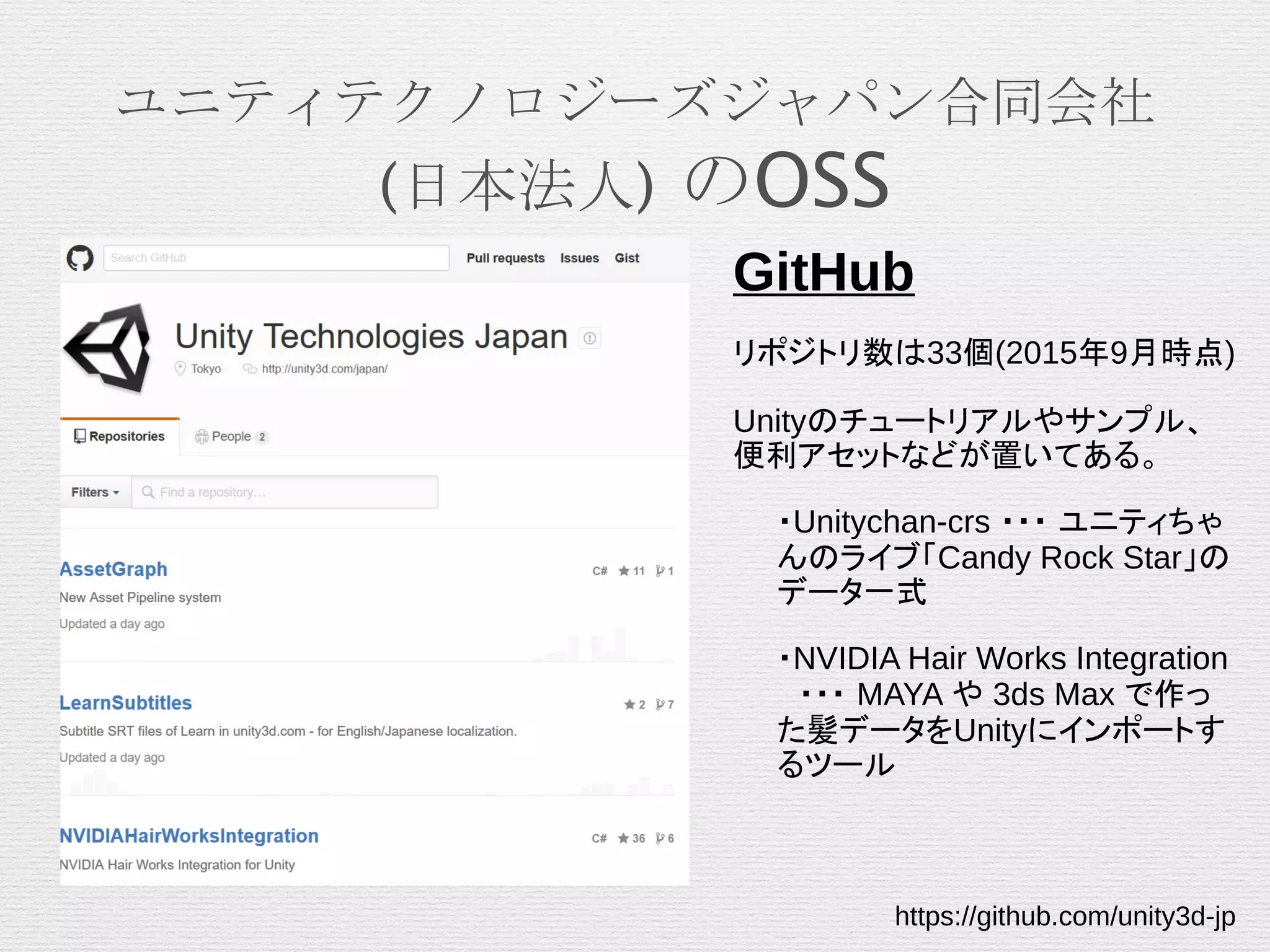 ユニティテクノロジーズジャパン合同会社
(日本法人) のOSS
GitHub
リポジトリ数は33個(2015年9月時点)
Unityのチュートリアルやサンプル、
便利アセットなどが置いてある。
・Unitychan-crs ・・・ ユニティちゃ
んのライブ「Candy Rock Star」の
データ一式
・NVIDIA Hair Works Integration
　・・・ MAYA や 3ds Max で作っ
た髪データをUnityにインポートす
るツール
https://github.com/unity3d-jp
 