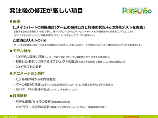 Confidential© POKELABO, INC.
発注後の修正が厳しい項目
■前提
1.メインパートの実機確認[ゲームの最終出力と同様の状況＋αの負荷テストを実施]
全要素を含めた実機テストを行う事で、後々のドローコール,フレームレートやメモリ/通信部分の問題をクリアにしておく
(キャラモデル/モーション/背景/配置数/サウンド/コリダー/エフェクト/通信 etc)
2.全演出リストのFix
ゲーム全体の演出においてどのような演出にするかFixしておく/あのシーンで実はこういった仕様を追加したかったを実現させる。
■モデル制作
・3Dモデル設計の見直し(パーツ切り分け/ポリゴン数変更[UVテクスチャ再設定])
・制作したモデルに対するオブジェクトの追加(追加できる想定で制作していれば問題ない)
・2Dイラストの変更
■アニメーション制作
・モデル制作時からの内容変更
・ボーン設計の見直し(ボーンの追加/削除[アニメーション全修正が発生/モデル修正])
・目パチ、口の表情の追加(UVアニメを用いたもの)
■背景制作
・モデル配置/サイズの変更(画面破綻の恐れ)
・カメラワーク設計の変更(横/縦/上/360°/ズームバックetc 画面破綻の恐れ)
72015/9/29
 