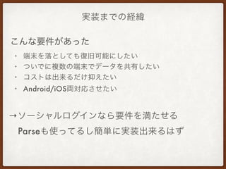実装までの経緯
• 端末を落としても復旧可能にしたい
• ついでに複数の端末でデータを共有したい
• コストは出来るだけ抑えたい
• Android/iOS両対応させたい
→ソーシャルログインなら要件を満たせる
Parseも使ってるし簡単に実装出来るはず
こんな要件があった
 