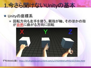 Unityの座標系
回転方向も左手を使う。親指が軸、そのほかの指
が自然に曲がる方向に回転
デモ(WebGL版)： https://dl.dropboxusercontent.com/u/27024404/LeftHand2/index.html
 