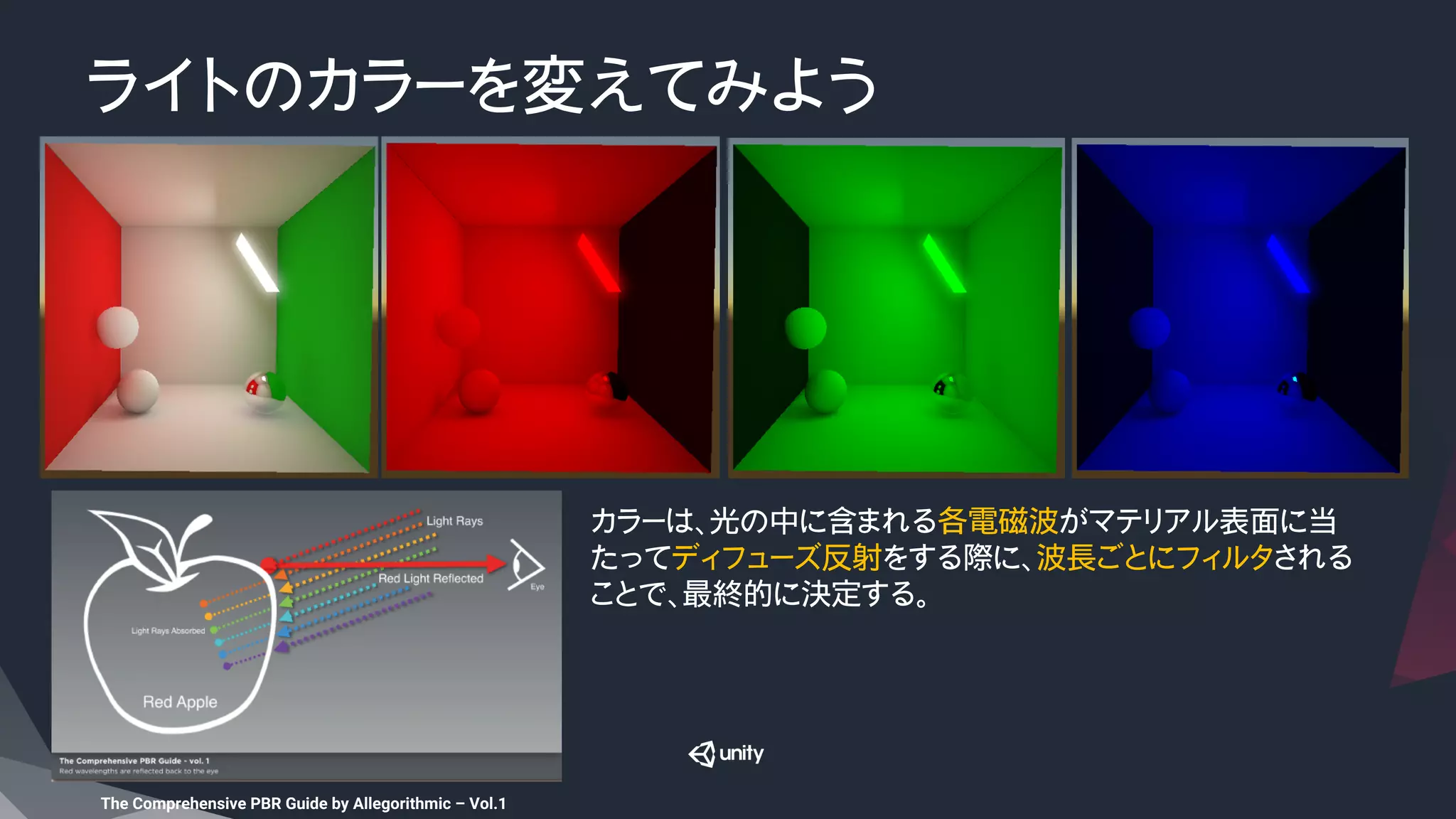 ライトのカラーを変えてみよう
The Comprehensive PBR Guide by Allegorithmic – Vol.1	
カラーは、光の中に含まれる各電磁波がマテリアル表面に当
たってディフューズ反射をする際に、波長ごとにフィルタされる
ことで、最終的に決定する。
 