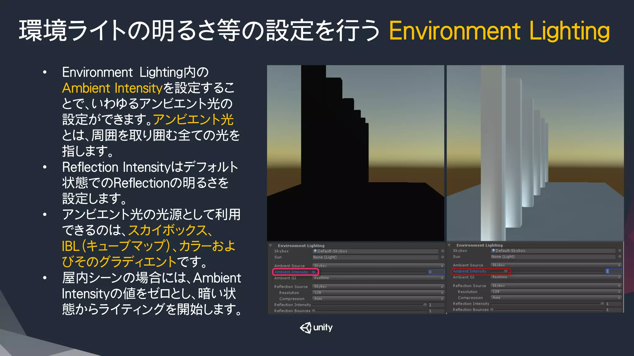 環境ライトの明るさ等の設定を行う Environment Lighting
•  Environment　Lighting内の
Ambient Intensityを設定するこ
とで、いわゆるアンビエント光の
設定ができます。アンビエント光
とは、周囲を取り囲む全ての光を
指します。
•  Reflection Intensityはデフォルト
状態でのReflectionの明るさを
設定します。
•  アンビエント光の光源として利用
できるのは、スカイボックス、
IBL（キューブマップ）、カラーおよ
びそのグラディエントです。
•  屋内シーンの場合には、Ambient
Intensityの値をゼロとし、暗い状
態からライティングを開始します。
 