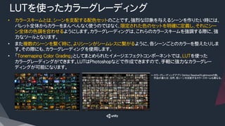 LUTを使ったカラーグレーディング
•  カラースキームとは、シーンを支配する配色セットのことです。強烈な印象を与えるシーンを作りたい時には、
パレット全体からカラーをまんべんなく使うのではなく、限定された色のセットを明確に定義し、それにシー
ン全体の色調を合わせるようにします。カラーグレーディングは、これらのカラースキームを強調する際に、強
力なツールとなります。
•  また複数のシーンを繋ぐ時に、よりシーンがシームレスに繋がるように、各シーンごとのカラーを整えたりしま
す。その際にも、カラーグレーディングを使用します。
•  「Tonemaping Color Grading」としてまとめられたイメージエフェクトコンポーネントでは、LUTを使った
カラーグレーディングができます。LUTはPhotoshopなどで作成できますので、手軽に強力なカラーグレー
ディングが可能になります。
←カラーグレーディングアプリ DaVinci ResolveのLightroomの例。
　　作品が違えば、当然、各シーンを支配するカラースキームも異なる。
 