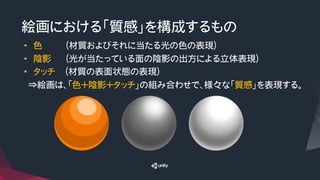 絵画における「質感」を構成するもの
•  色　　　　　（材質およびそれに当たる光の色の表現）
•  陰影　　　（光が当たっている面の陰影の出方による立体表現）
•  タッチ　　（材質の表面状態の表現）
　⇒絵画は、「色＋陰影＋タッチ」の組み合わせで、様々な「質感」を表現する。
 