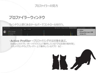 プロファイラーの見方
プロファイラーウィンドウ
ウィンドウ上部にあるツールバーでコントロールを行う。
・Active Profiler→プロファイリングする対象を選ぶ。
Editor上のアプリ、リモートデバイス上で動作しているアプリ(自身の端末等)、
スタンドアロンやウェブプレイヤー上で動作しているアプリ など…
 