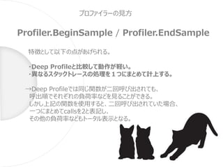 プロファイラーの見方
Profiler.BeginSample / Profiler.EndSample
特徴として以下の点があげられる。
・Deep Profileと比較して動作が軽い。
・異なるスタックトレースの処理を１つにまとめて計上する。
→Deep Profileでは同じ関数が二回呼び出されても、
呼出順でそれぞれの負荷率などを見ることができる。
しかし上記の関数を使用すると、二回呼び出されていた場合、
一つにまとめてcallsを2と表記し、
その他の負荷率などもトータル表示となる。
 