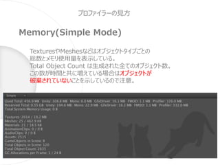 プロファイラーの見方
Memory(Simple Mode)
TexturesやMeshesなどはオブジェクトタイプごとの
総数とメモリ使用量を表示している。
Total Object Count は生成された全てのオブジェクト数。
この数が時間と共に増えている場合はオブジェクトが
破棄されていないことを示しているので注意。
 