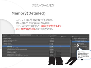 プロファイラーの見方
Memory(Detailed)
エディタでプロファイルを使用する場合、
メモリプロファイラで表示される値は
エディタの使用量を含み、端末で使用するより
若干値が大きくなるので注意が必要。
クリックすると、
エディタのprojectビュー
またはSceneビューに
フォーカスを当てること
ができる。
 
