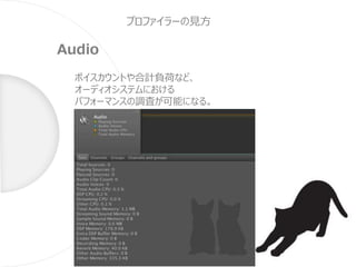プロファイラーの見方
Audio
ボイスカウントや合計負荷など、
オーディオシステムにおける
パフォーマンスの調査が可能になる。
 