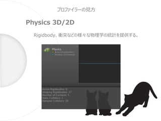 プロファイラーの見方
Physics 3D/2D
Rigidbody、衝突などの様々な物理学の統計を提供する。
 
