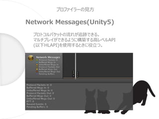 プロファイラーの見方
Network Messages(Unity5)
プロトコルパケットの流れが追跡できる。
マルチプレイができるように構築する高レベルAPI
(以下HLAPI)を使用するときに役立つ。
 