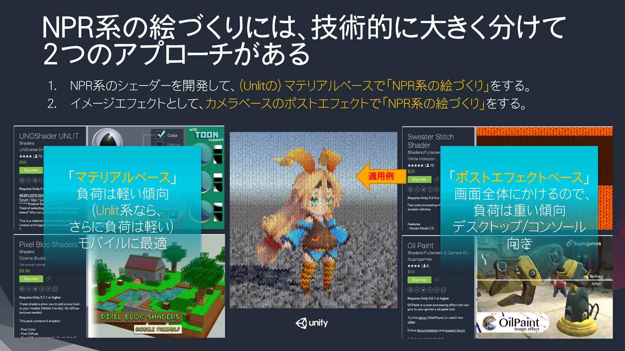NPR系の絵づくりには、技術的に大きく分けて
2つのアプローチがある
1.  NPR系のシェーダーを開発して、（Unlitの）マテリアルベースで「NPR系の絵づくり」をする。
2.  イメージエフェクトとして、カメラベースのポストエフェクトで「NPR系の絵づくり」をする。
適用例
「マテリアルベース」
負荷は軽い傾向
（Unlit系なら、
さらに負荷は軽い）
モバイルに最適
「ポストエフェクトベース」
画面全体にかけるので、
負荷は重い傾向
デスクトップ/コンソール
向き
 