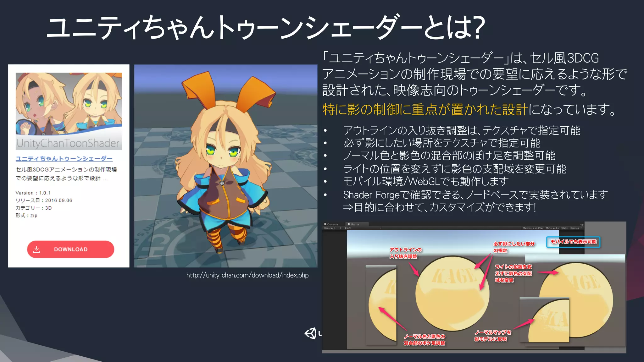 ユニティちゃんトゥーンシェーダーとは？
​ 「ユニティちゃんトゥーンシェーダー」は、セル風3DCG
アニメーションの制作現場での要望に応えるような形で
設計された、映像志向のトゥーンシェーダーです。
​ 特に影の制御に重点が置かれた設計になっています。
•  アウトラインの入り抜き調整は、テクスチャで指定可能
•  必ず影にしたい場所をテクスチャで指定可能
•  ノーマル色と影色の混合部のぼけ足を調整可能
•  ライトの位置を変えずに影色の支配域を変更可能
•  モバイル環境/WebGLでも動作します
•  Shader Forgeで確認できる、ノードベースで実装されています
⇒目的に合わせて、カスタマイズができます！
http://unity-chan.com/download/index.php
 