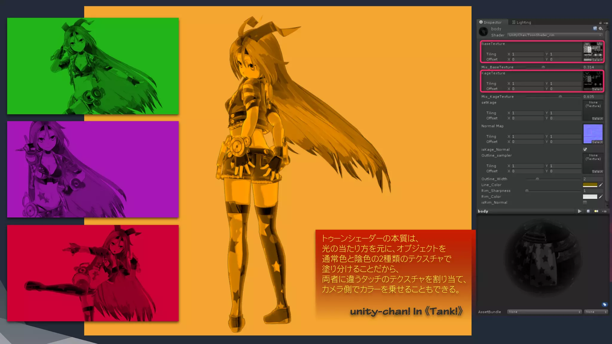 トゥーンシェーダーの本質は、
光の当たり方を元に、オブジェクトを
通常色と陰色の２種類のテクスチャで
塗り分けることだから、
両者に違うタッチのテクスチャを割り当て、
カメラ側でカラーを乗せることもできる。
unity-chan! In 《Tank!》
 