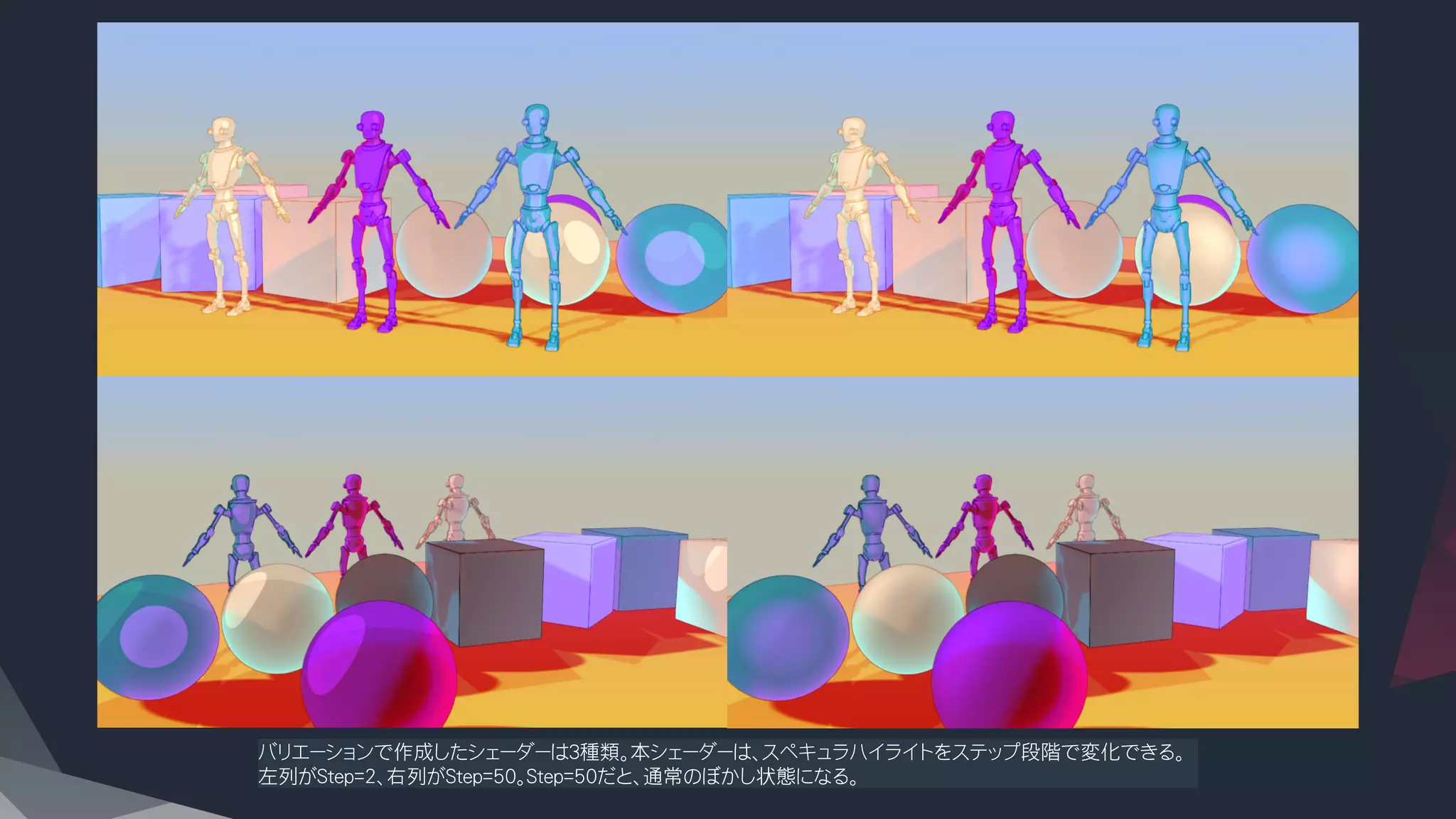 バリエーションで作成したシェーダーは３種類。本シェーダーは、スペキュラハイライトをステップ段階で変化できる。
左列がStep=2、右列がStep=50。Step=50だと、通常のぼかし状態になる。
 