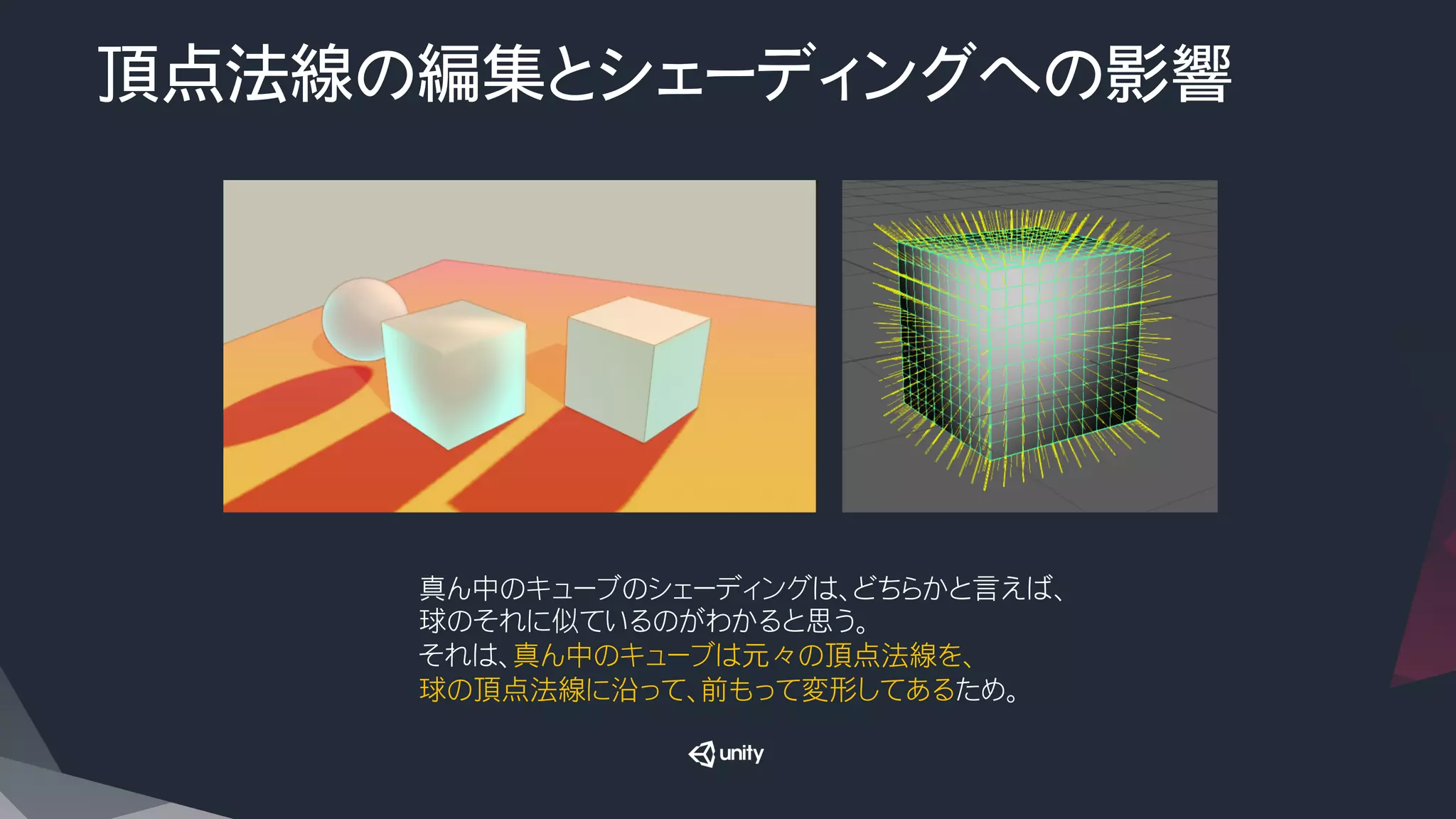 頂点法線の編集とシェーディングへの影響
真ん中のキューブのシェーディングは、どちらかと言えば、
球のそれに似ているのがわかると思う。
それは、真ん中のキューブは元々の頂点法線を、
球の頂点法線に沿って、前もって変形してあるため。
 