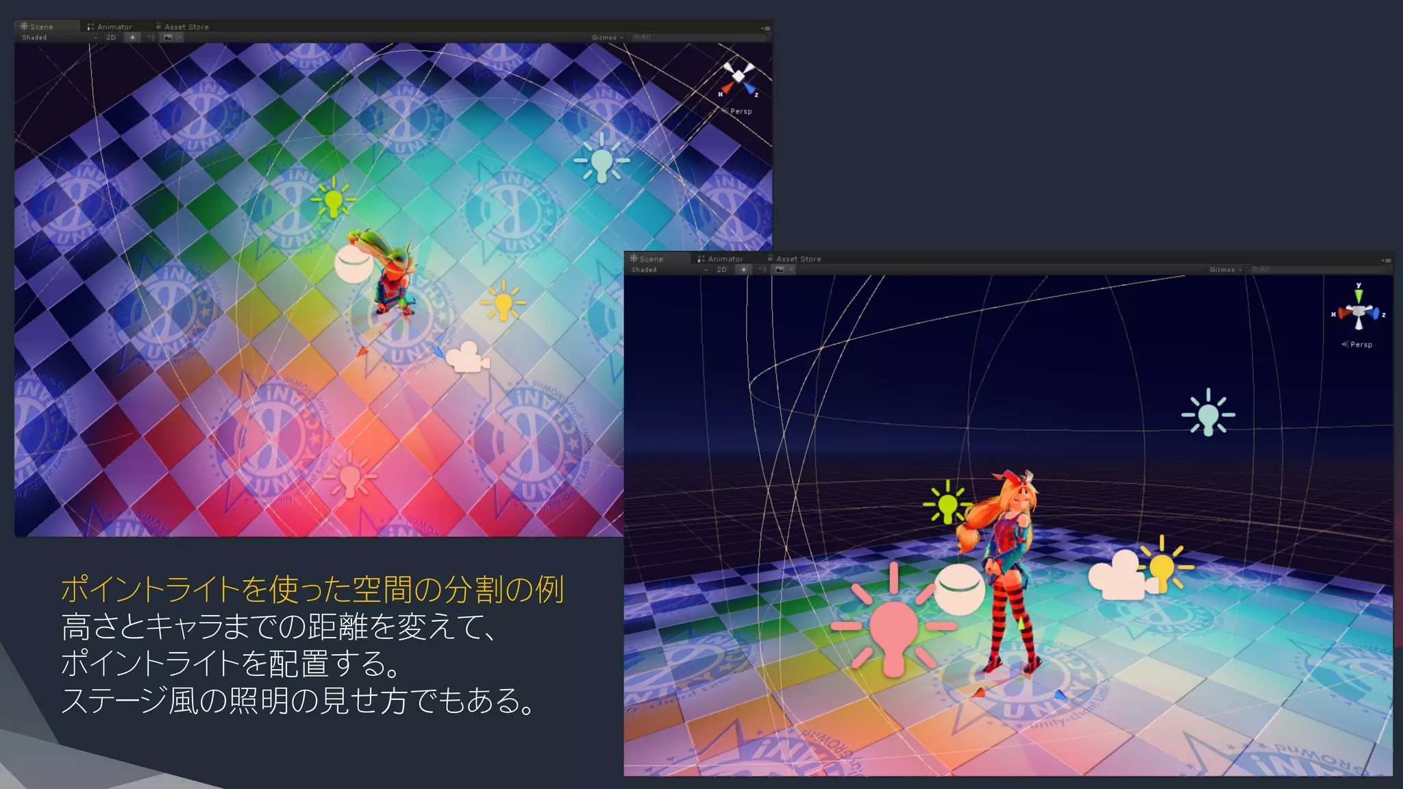 ポイントライトを使った空間の分割の例
高さとキャラまでの距離を変えて、
ポイントライトを配置する。
ステージ風の照明の見せ方でもある。
 