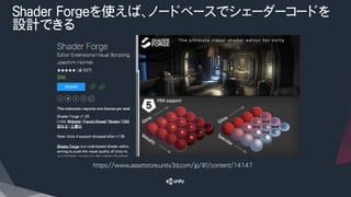 Shader Forgeを使えば、ノードベースでシェーダーコードを
設計できる
https://www.assetstore.unity3d.com/jp/#!/content/14147
 