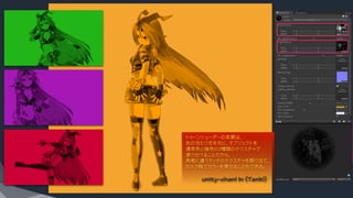 トゥーンシェーダーの本質は、
光の当たり方を元に、オブジェクトを
通常色と陰色の２種類のテクスチャで
塗り分けることだから、
両者に違うタッチのテクスチャを割り当て、
カメラ側でカラーを乗せることもできる。
unity-chan! In 《Tank!》
 