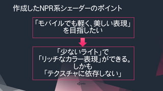 「モバイルでも軽く、美しい表現」
を目指したい
「少ないライト」で
「リッチなカラー表現」ができる。
しかも
「テクスチャに依存しない」
作成したNPR系シェーダーのポイント
 