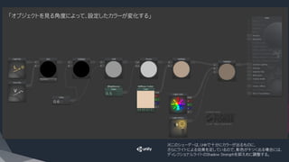 「オブジェクトを見る角度によって、設定したカラーが変化する」
※このシェーダーは、Unlitで十分にカラーが出るものに、
さらにライトによる効果を足しているので、影色がキツく出る場合には、
ディレクショナルライトのShadow Strengthを抑えめに調整する。
 
