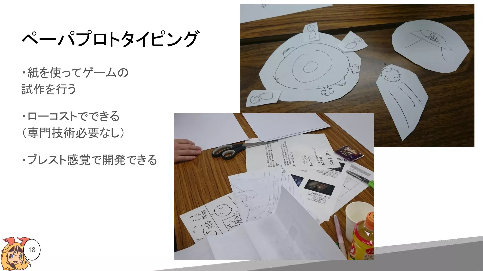 ペーパプロトタイピング
18
・紙を使ってゲームの
試作を行う
・ローコストでできる
（専門技術必要なし）
・ブレスト感覚で開発できる
 