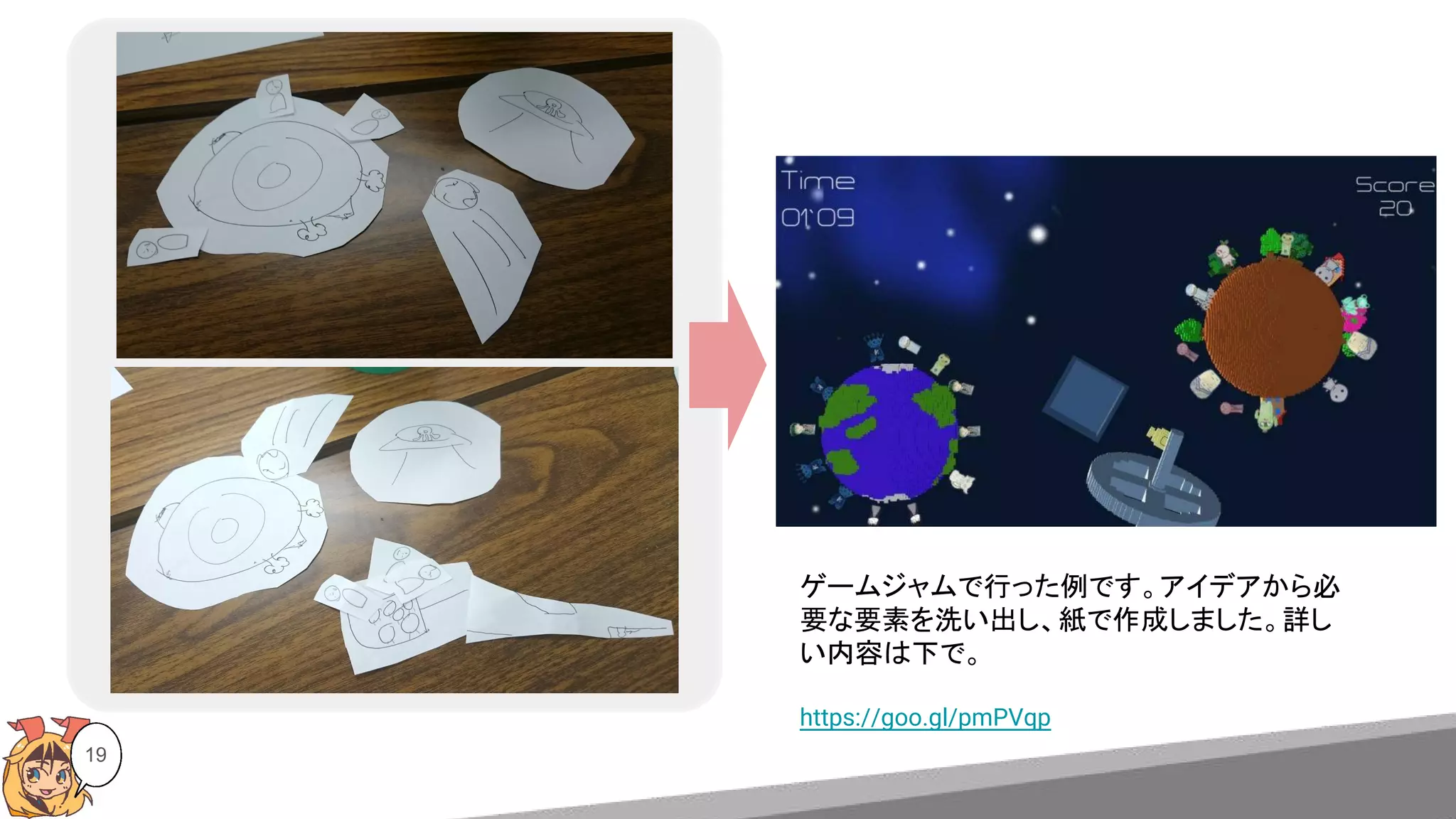 19
ゲームジャムで行った例です。アイデアから必
要な要素を洗い出し、紙で作成しました。詳し
い内容は下で。
https://goo.gl/pmPVqp
 