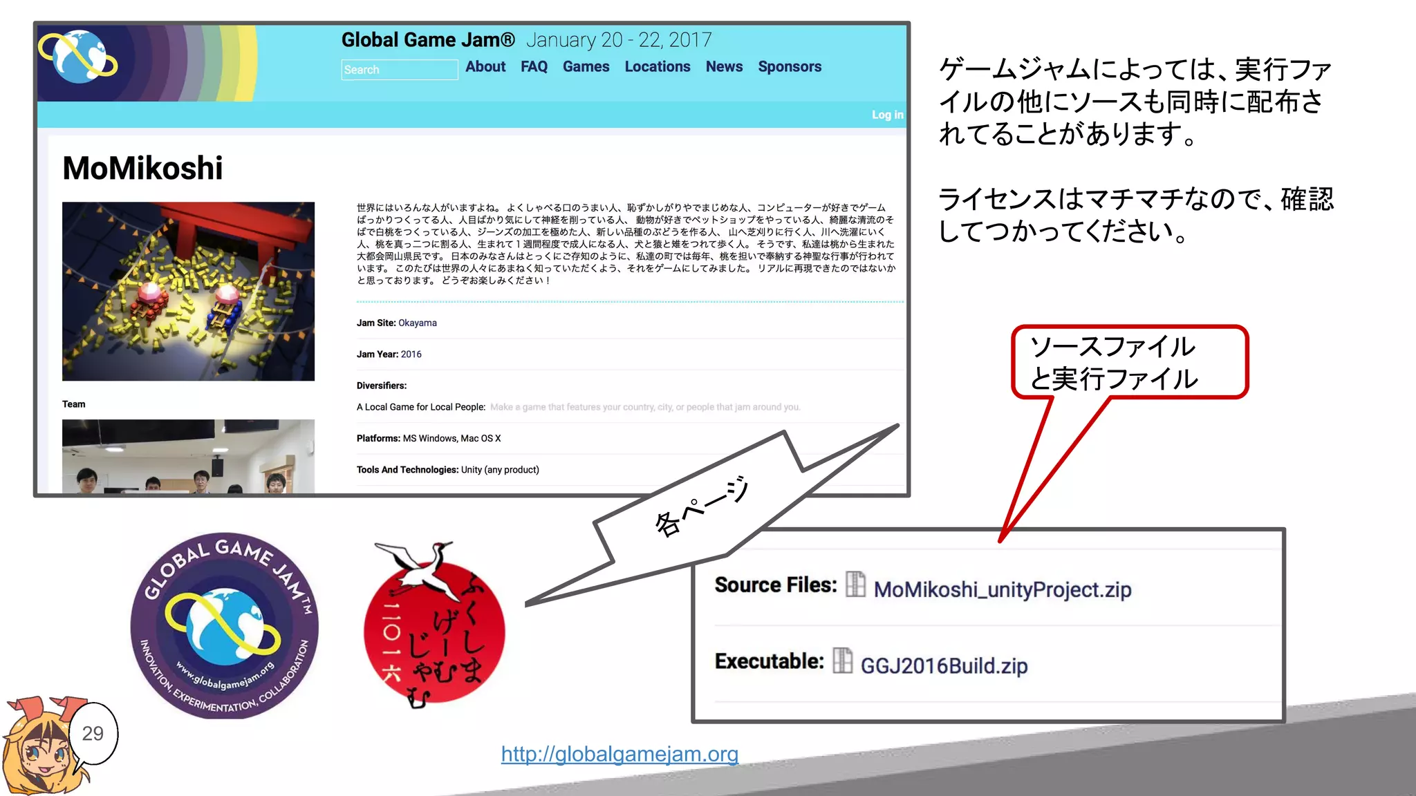 29
各ページ
ソースファイル
と実行ファイル
http://globalgamejam.org
ゲームジャムによっては、実行ファ
イルの他にソースも同時に配布さ
れてることがあります。
ライセンスはマチマチなので、確認
してつかってください。
 