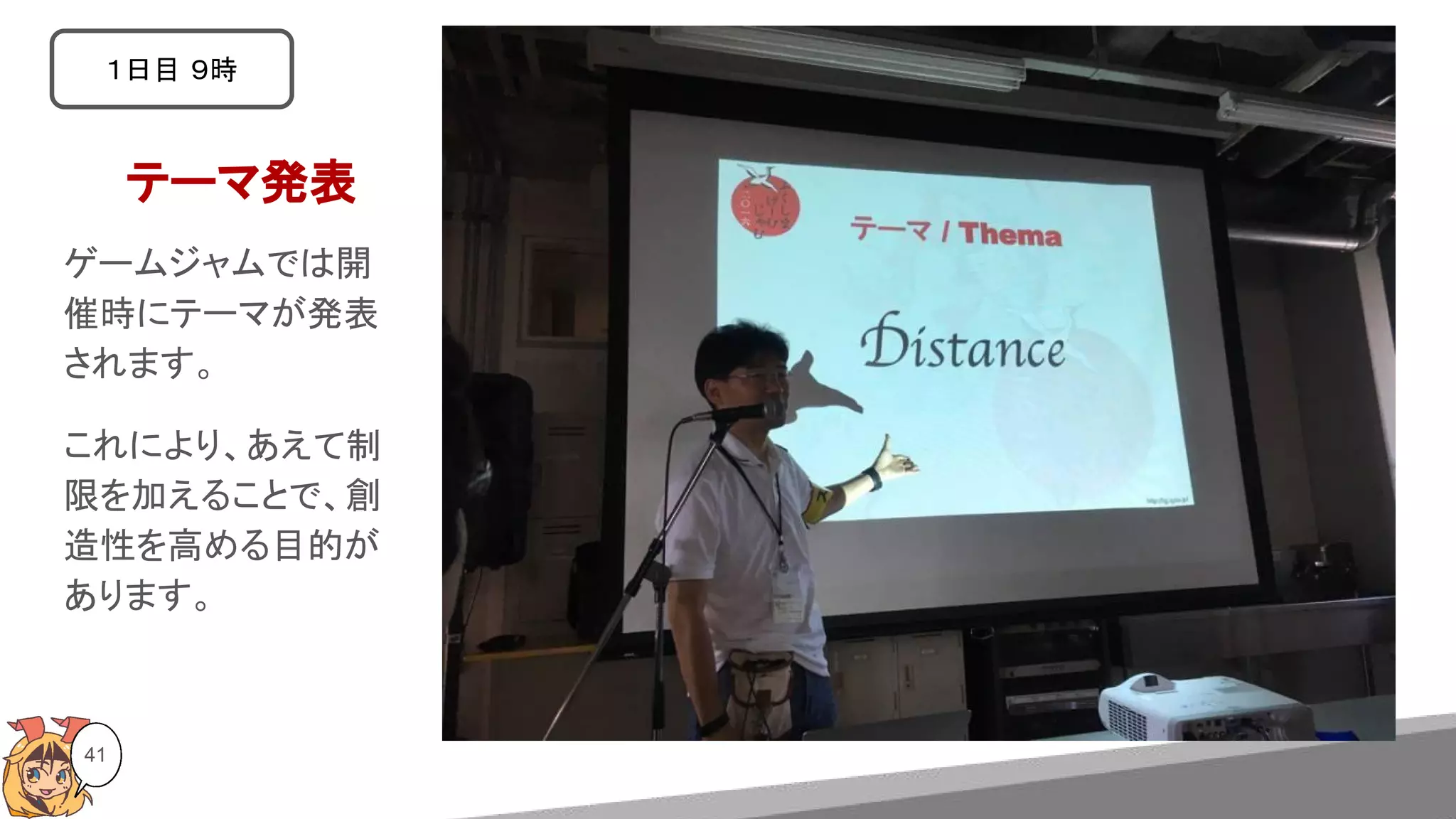 41
テーマ発表
１日目 ９時
ゲームジャムでは開
催時にテーマが発表
されます。
これにより、あえて制
限を加えることで、創
造性を高める目的が
あります。
 