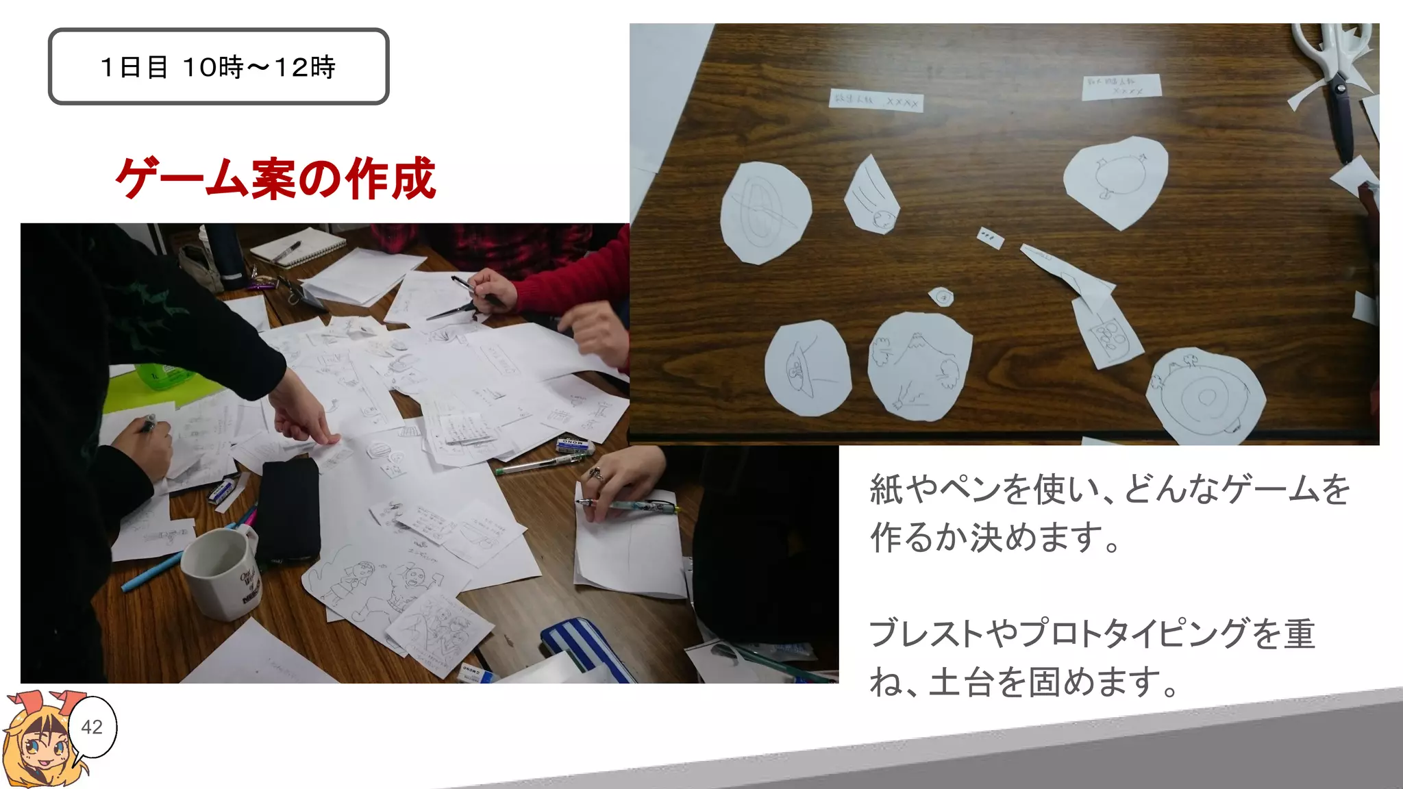 42
ゲーム案の作成
１日目 １０時〜１２時
紙やペンを使い、どんなゲームを
作るか決めます。
ブレストやプロトタイピングを重
ね、土台を固めます。
 
