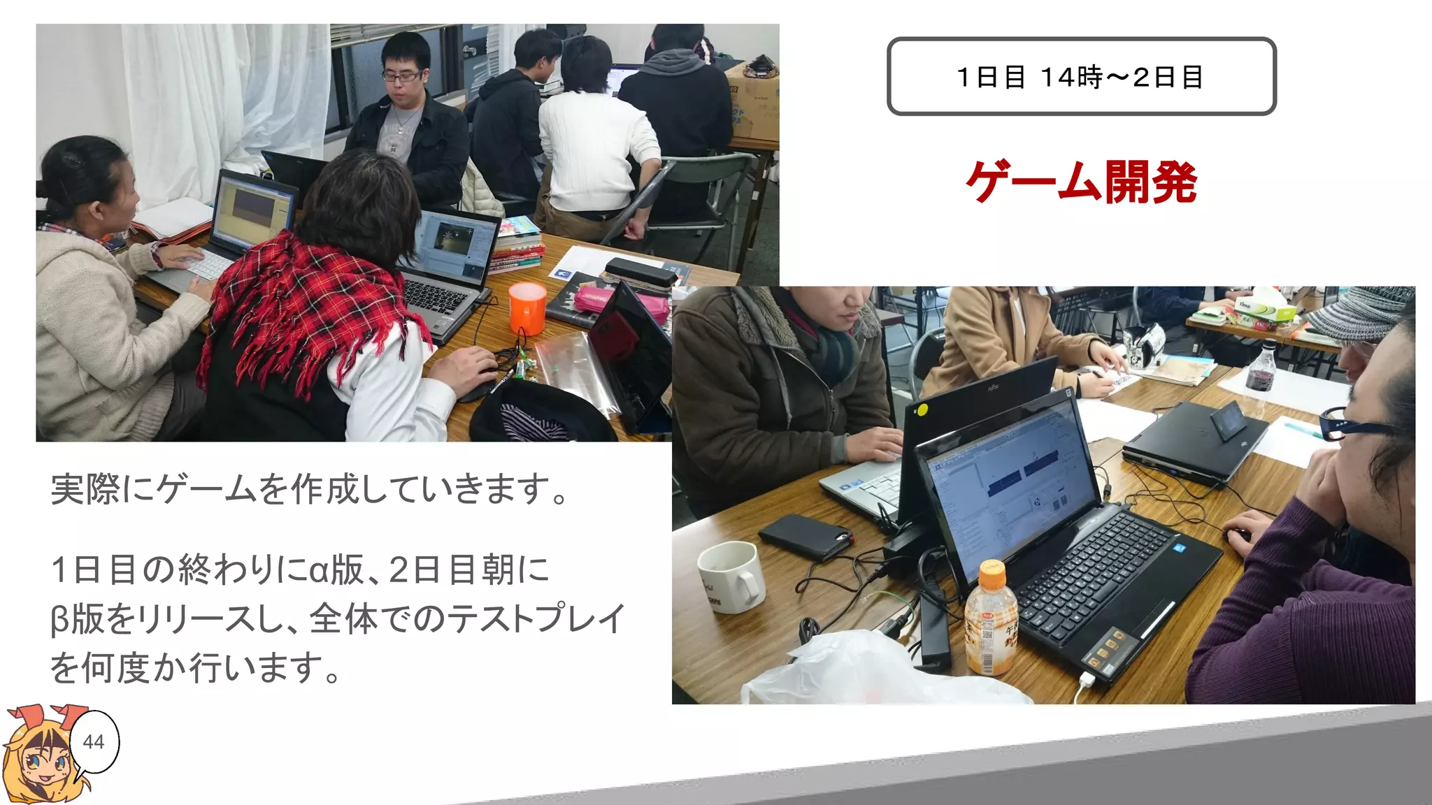 44
ゲーム開発
１日目 １４時〜２日目
実際にゲームを作成していきます。
1日目の終わりにα版、2日目朝に
β版をリリースし、全体でのテストプレイ
を何度か行います。
 